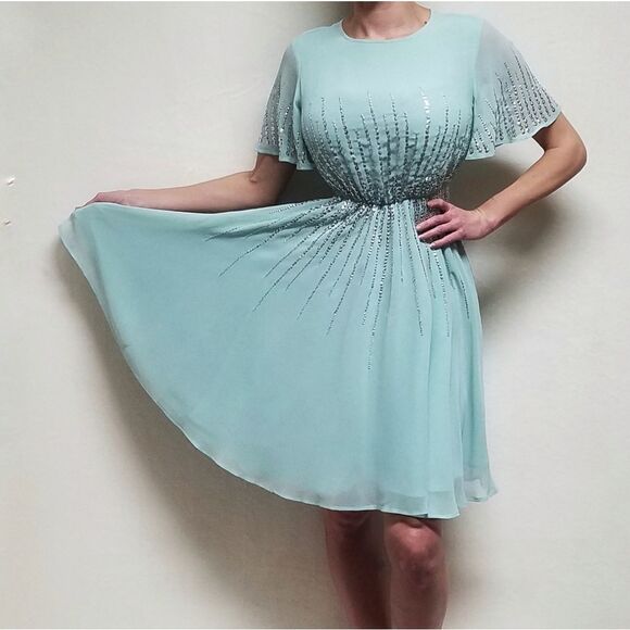 ASOS Sage Green Chiffon Sequin Flutter Sleeve Keyhole A-line Formal Dress 2 - Picture 2 of 16